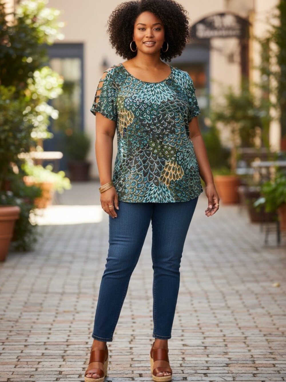 Perception Concept Womens Peacock Print Cold Shoulder Ruffle Top XL
